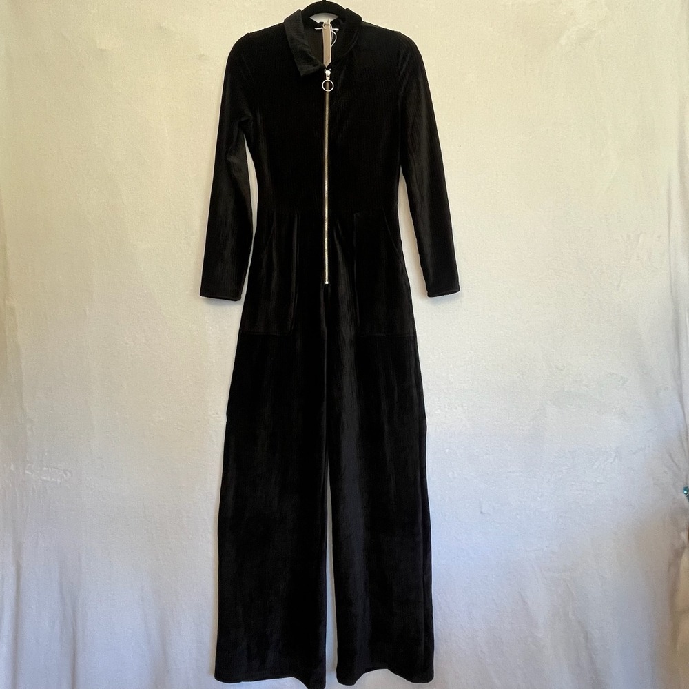 NWT Emory Park Black Corduroy Zip Front Jumpsuit Wide Leg Long Sleeve Retro Sz S